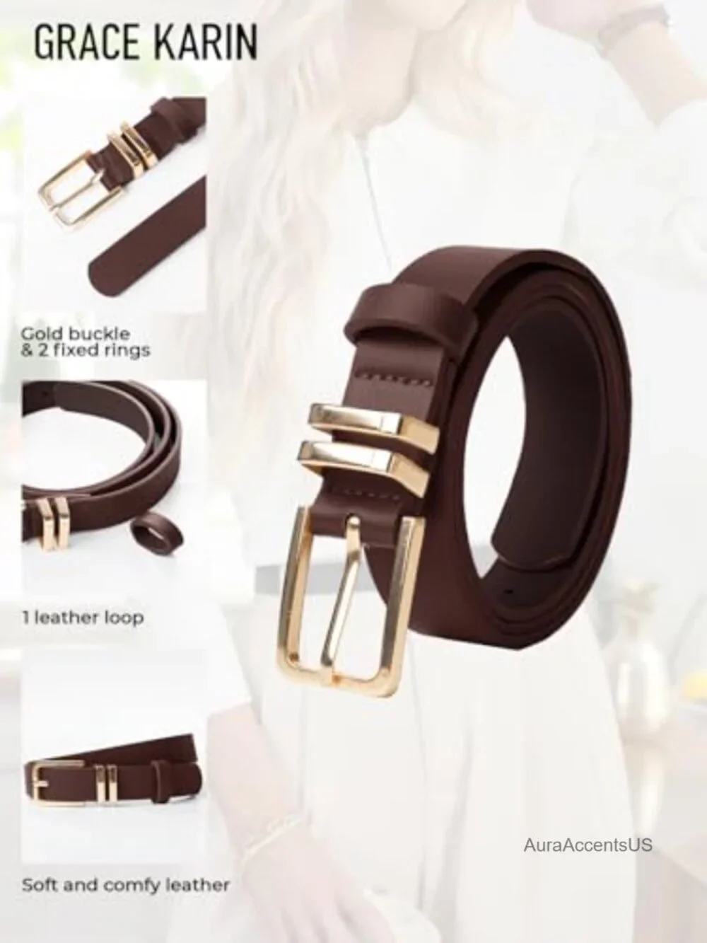 PU Leather Skinny Belt with Gold Buckle for Jeans & Pants